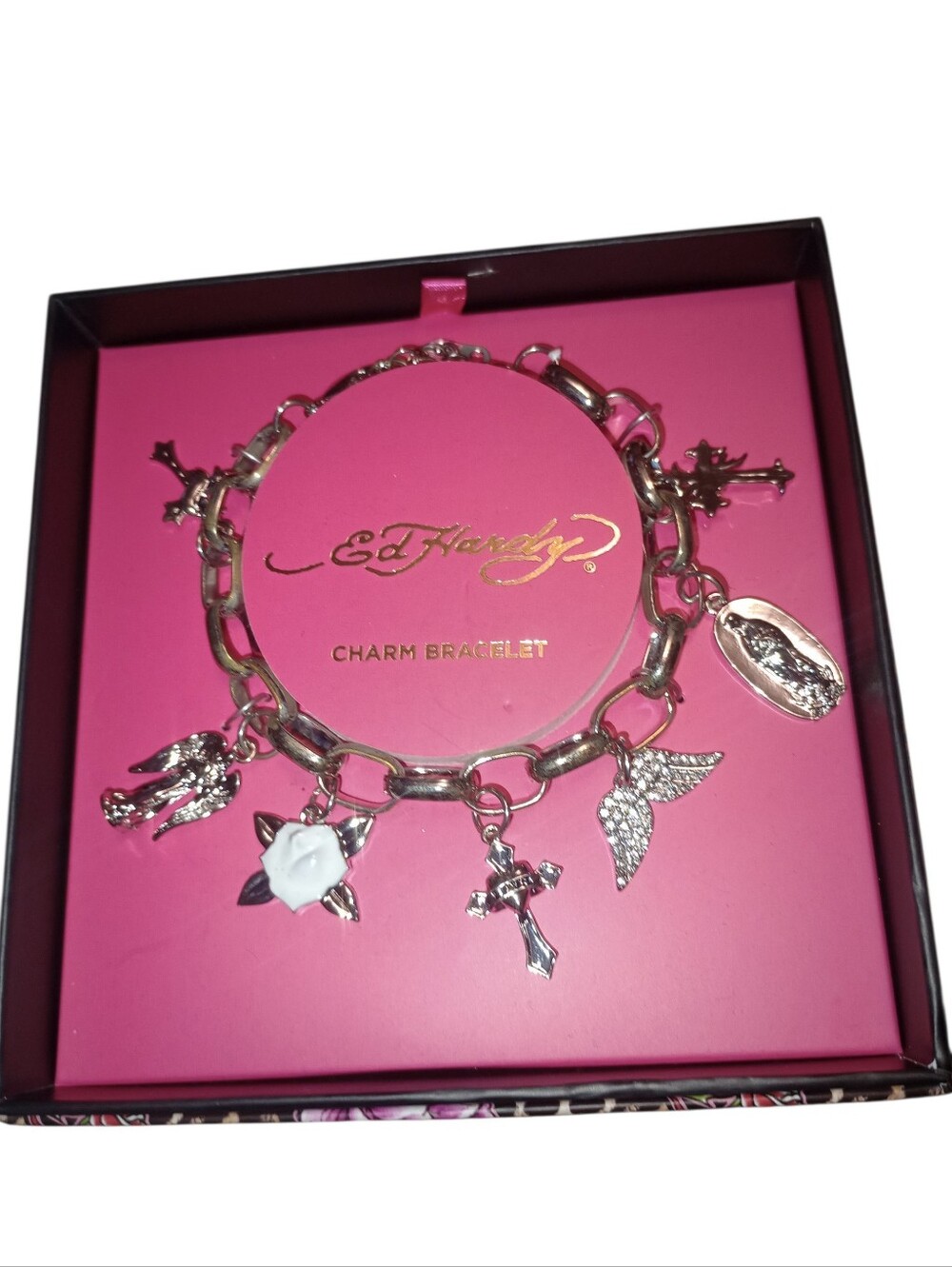 Ed Hardy Silver Charm Bracelet with White Rose and Sparkling Wing Charms, NWT